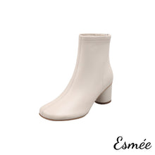 Load image into Gallery viewer, Ivory-Leather-Ankle-Boots-with-Round-Toe-and-Cylinder-Heels-product-shots-white-background