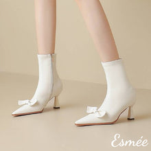 Load image into Gallery viewer, Ivory-Leather-Ankle-Boots-wtih-Bow-Knot-Design-model-shots