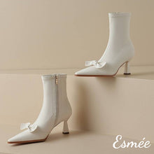 Load image into Gallery viewer, Ivory-Leather-Ankle-Boots-wtih-Bow-Knot-Design-product-shots