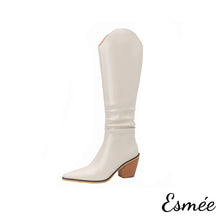 Load image into Gallery viewer,    Ivory-Leather-Cowboy-Long-Boots-with-Block-Heels-product-shots-white-background