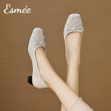 Load image into Gallery viewer, Ivory-Leather-Flats-with-Bow-Knot-and-Peep-Toe-Design-model-shots