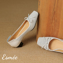Load image into Gallery viewer, Ivory-Leather-Flats-with-Bow-Knot-and-Peep-Toe-Design-product-shots