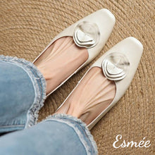 Load image into Gallery viewer, Ivory-Leather-Flats-with-Handmade-Flower-Design-model-shots
