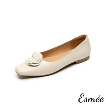 Load image into Gallery viewer, Ivory-Leather-Flats-with-Handmade-Flower-Design-product-shots-white-background