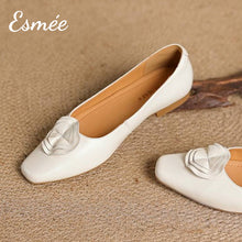 Load image into Gallery viewer, Ivory-Leather-Flats-with-Handmade-Flower-Design-product-shots