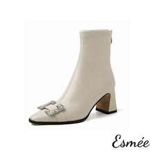 將圖片載入圖庫檢視器 Ivory-Leather-High-Heel-Ankle-Boots-with-Buckle-Design-product-shots-white-background