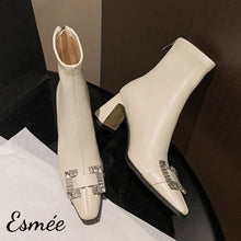 將圖片載入圖庫檢視器 Ivory-Leather-High-Heel-Ankle-Boots-with-Buckle-Design-product-shots