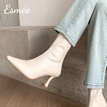 將圖片載入圖庫檢視器 Ivory-Leather-High-Heel-Ankle-Boots-with-Pointy-Toe-Design-model-shots