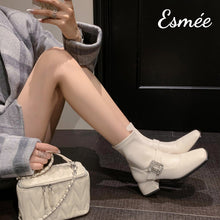 將圖片載入圖庫檢視器 Ivory-Leather-High-Heel-Ankle-Boots-with-Rhinestone-Buckle-model-shots