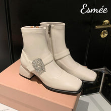 將圖片載入圖庫檢視器 Ivory-Leather-High-Heel-Ankle-Boots-with-Rhinestone-Buckle-product-shots