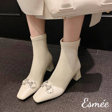 將圖片載入圖庫檢視器 Ivory-Leather-High-Heel-Ankle-Boots-with-Rhinestone-Horse-bit-Design-model-shots