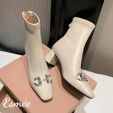 將圖片載入圖庫檢視器 Ivory-Leather-High-Heel-Ankle-Boots-with-Rhinestone-Horse-bit-Design-product-shots