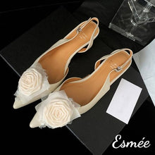 Load image into Gallery viewer, Ivory-Leather-High-Heel-D_Orsay-Sandals-with-Flower-Design-product-shots