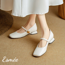 將圖片載入圖庫檢視器 Ivory-Leather-High-Heel-Maryjanes-with-Squared-Toe-Design-model-shots