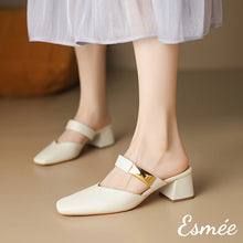 將圖片載入圖庫檢視器 Ivory-Leather-High-Heel-Mules-with-Metal-Buckle-model-shots