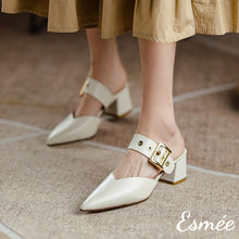 將圖片載入圖庫檢視器 Ivory-Leather-High-Heel-Mules-with-Thick-Leather-Buckle-model-shots