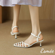 將圖片載入圖庫檢視器 Ivory-Leather-High-Heel-Sandals-with-Roman-Design-model-shots