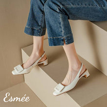 Load image into Gallery viewer, Ivory-Leather-High-Heel-Slingback-with-Buckle-Design-model-shots