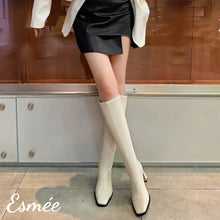 將圖片載入圖庫檢視器 Ivory-Leather-Long-Boots-with-7cm-Block-Thin-Heels-model-shots