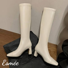 將圖片載入圖庫檢視器 Ivory-Leather-Long-Boots-with-7cm-Block-Thin-Heels-product-shots