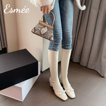 Load image into Gallery viewer, Ivory-Leather-Long-Boots-with-Bow-Knot-and-Pearl-Design-model-shots