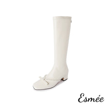 Load image into Gallery viewer, Ivory-Leather-Long-Boots-with-Bow-Knot-and-Pearl-Design-product-shots-white-background