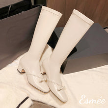 Load image into Gallery viewer, Ivory-Leather-Long-Boots-with-Bow-Knot-and-Pearl-Design-product-shots