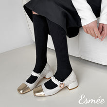 Load image into Gallery viewer, Ivory-Leather-Maryjanes-with-Golden-Flower-and-Toe-Cap-Design-model-shots