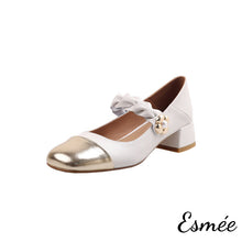 Load image into Gallery viewer, Ivory-Leather-Maryjanes-with-Golden-Flower-and-Toe-Cap-Design-product-shots-white-background