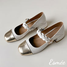 Load image into Gallery viewer, Ivory-Leather-Maryjanes-with-Golden-Flower-and-Toe-Cap-Design-product-shots