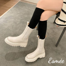 Load image into Gallery viewer, Ivory-Leather-Mid-Chelsea-Boots-with-Rear-Zippers-model-shots