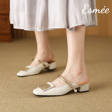 將圖片載入圖庫檢視器 Ivory-Leather-Mules-with-Golden-Ornaments-and-Double-Straps-model-shots