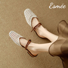 將圖片載入圖庫檢視器 Ivory-Leather-Mules-with-Net-Design-and-Double-Straps-model-shots