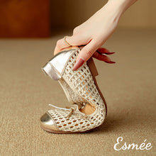 將圖片載入圖庫檢視器 Ivory-Leather-Net-Ballerina-Flats-with-Golden-Toe-and-Heel-Cap-product-shots-detial