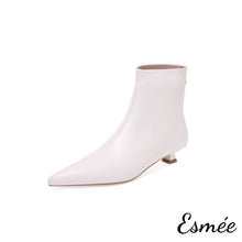 Load image into Gallery viewer, Ivory-Leather-Pointy-Toe-Ankle-Boots-with-Kitten-Heels-product-shots-white-background