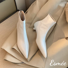 Load image into Gallery viewer, Ivory-Leather-Pointy-Toe-Ankle-Boots-with-Kitten-Heels-product-shots