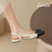 將圖片載入圖庫檢視器 Ivory-Leather-Slingback-with-Bow-Knot-and-Black-Toe-Cap-Design-model-shots
