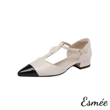 將圖片載入圖庫檢視器 Ivory-Leather-T-Straps-with-Flower-Design-and-Black-Patent-Leather-Toe-Cap-product-shots-white-background