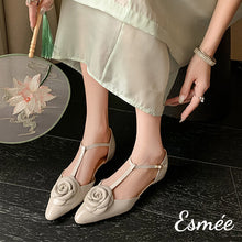 Load image into Gallery viewer, Ivory-Leather-T-Straps-with-Rose-Bud-Design-model-shots