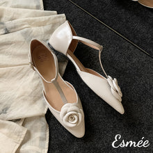 Load image into Gallery viewer, Ivory-Leather-T-Straps-with-Rose-Bud-Design-product-shots