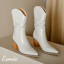 Load image into Gallery viewer, Ivory-Shiny-Leather-Cowboy-Mid-Boots-with-Block-Heels-product-shots