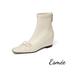 將圖片載入圖庫檢視器 Ivory-Suede-Ankle-Boots-with-Bow-Knot-and-Invisible-Increased-Height-Design-product-shots-white-background