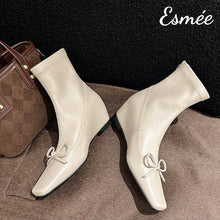 將圖片載入圖庫檢視器 Ivory-Suede-Ankle-Boots-with-Bow-Knot-and-Invisible-Increased-Height-Design-product-shots