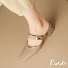 將圖片載入圖庫檢視器 Kahki-Leather-High-Heel-Mules-with-Metal-Buckle-model-shots
