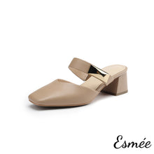 將圖片載入圖庫檢視器 Kahki-Leather-High-Heel-Mules-with-Metal-Buckle-product-shots-white-background