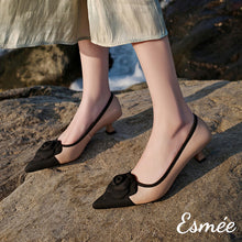 Load image into Gallery viewer, Khaki-Black-Dual-Color-Leather-High-Heels-with-Rose-Bud-Design-model-shots