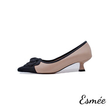 Load image into Gallery viewer, Khaki-Black-Dual-Color-Leather-High-Heels-with-Rose-Bud-Design-product-shots-white-background