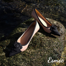 Load image into Gallery viewer, Khaki-Black-Dual-Color-Leather-High-Heels-with-Rose-Bud-Design-product-shots