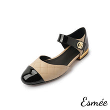 Load image into Gallery viewer, Khaki-Checkered-Leather-Sandals-with-Patent-Leather-Toe-Cap-and-Ankle-Straps-product-shots-white-background