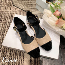 Load image into Gallery viewer, Khaki-Checkered-Leather-Sandals-with-Patent-Leather-Toe-Cap-and-Ankle-Straps-product-shots